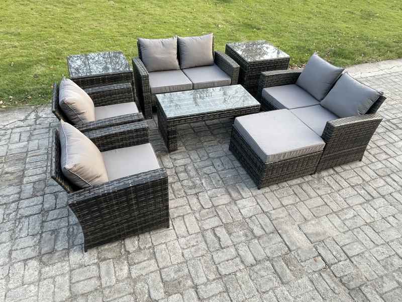 Fimous 7 Seater Dark Grey Mixed High Back Rattan Sofa Set Coffee Table Garden Furniture Outdoor Patio With Love Sofa Arm Chairs 2 Side Tables Big Footstool