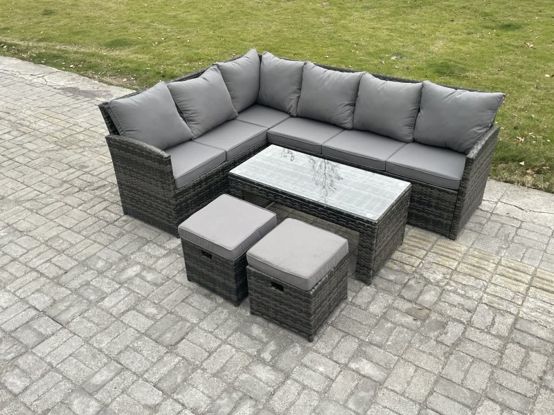 Fimous 8 Seater Outdoor Rattan Garden Furniture Set Corner Sofa Oblong Coffee Table Sets with Patio 2 Small Footstools Dark Grey Mixed