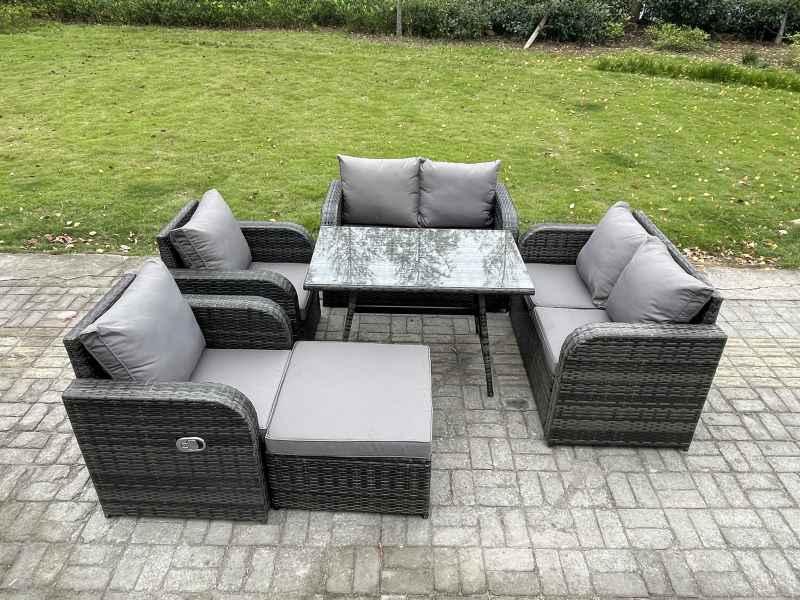 Fimous Wicker PE Rattan Garden Dining Set Outdoor Furniture Sofa with Rectangular Dining Table Big Footstool Dark Grey Mixed
