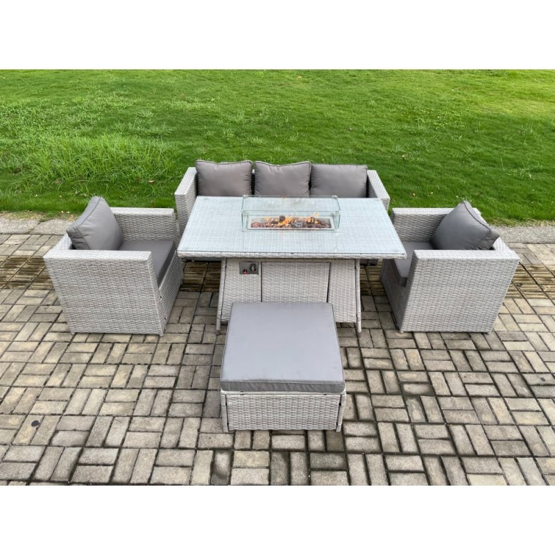 Fimous Outdoor PE Rattan Garden Furniture Gas Fire Pit Dining Table Armchairs With Big Footstool Light Grey
