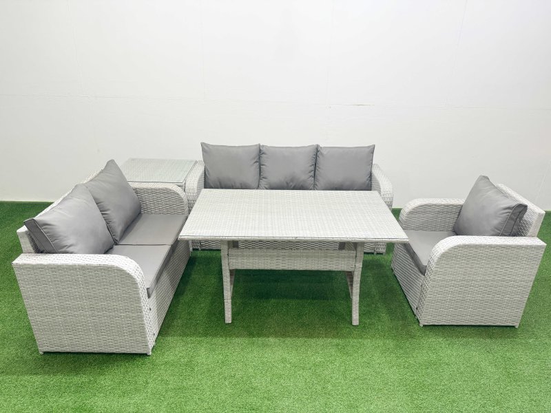 Fimous Patio PE Wicker 6 Seater Outdoor Rattan Furniture Sofa Sets with Rectangular Dining Table Reclining Chair Loveseat Sofa 3 Seater Sofa Side Table Light Grey