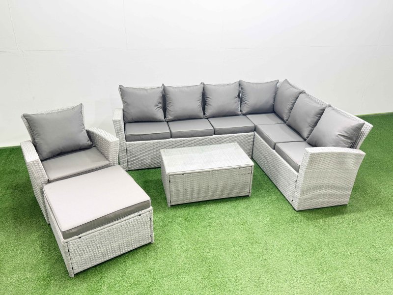 Fimous Garden Outdoor PE Rattan Furniture Set 8 Seater Rattan Garden Sofa Set with Big Footstool Light Grey Mixed