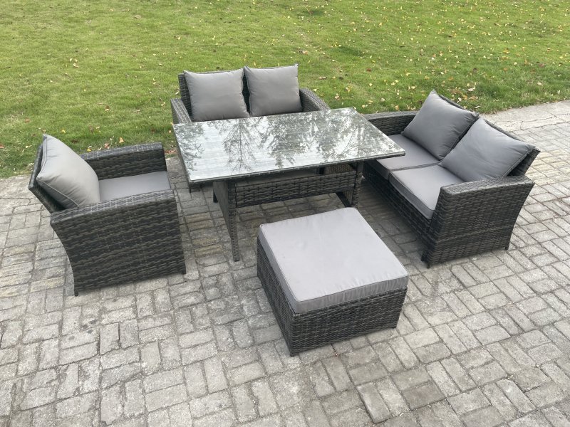 Fimous 6 Seater Wicker Rattan Garden Dining Set Outdoor Furniture Sofa with Dining Table Double Seat Sofa Big Footstool Dark Grey Mixed