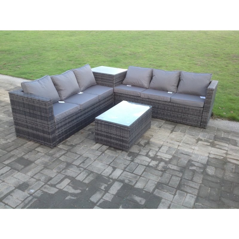 Fimous Grey Rattan Corner Sofa Set Outdoor Garden Furniture Oblong Coffee Table Set Patio With Cushions