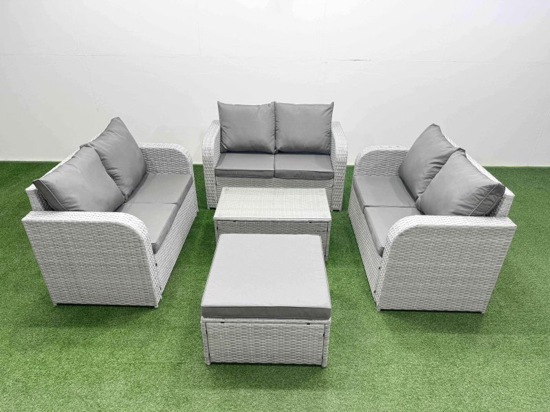 Fimous 7 Seater PE Wicker Rattan Furniture Sofa Sets with Rectangular Coffee Table 2 Seater Love Sofa Big Footstool Light Grey