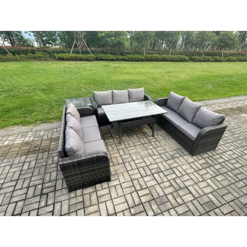 Fimous Rattan Garden Furniture Set with Oblong Rectangular Dining Table Side Table 9 Seater Outdoor Lounge Sofa Set Dark Grey Mixed