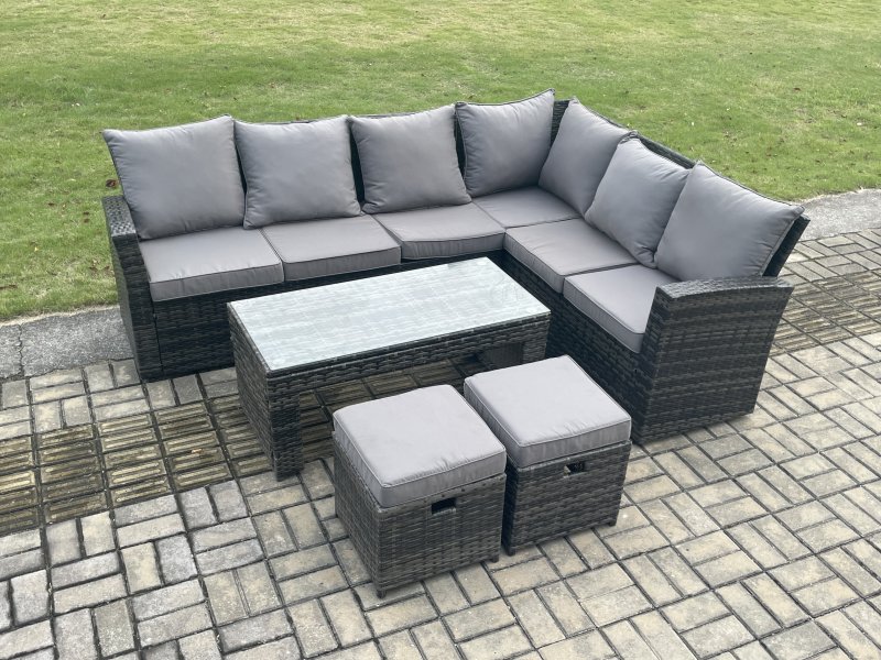 Fimous 8 Seat Rattan Garden Furniture Corner Sofa Set Outdoor Patio Sofa Table Set with 2 Small Footstools Dark Grey Mixed