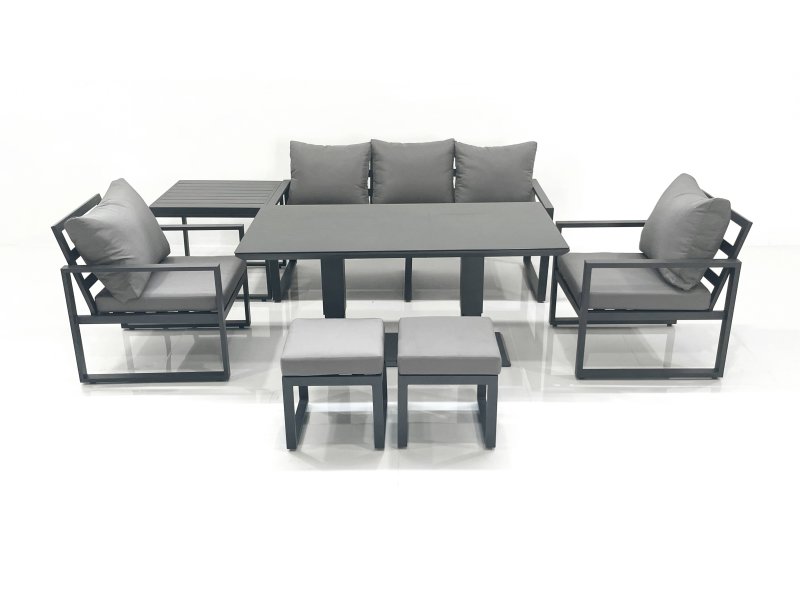 Fimous Outdoor Aluminium Garden Furniture Set with Adjustable Rising Lifting Dining Table 3 Seater Sofa 2 Chair 2 Small Footstools Side Table Dark Grey
