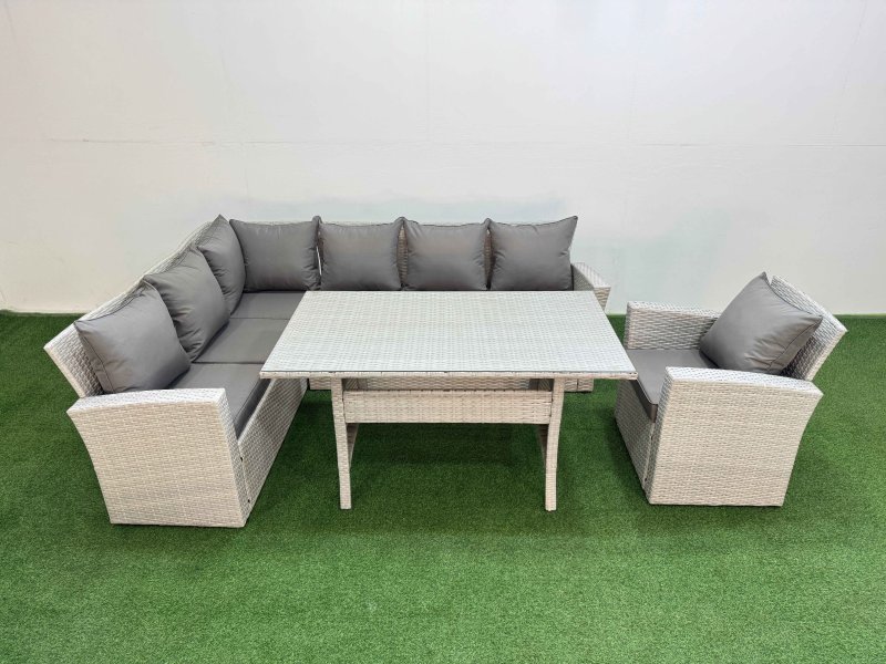 Fimous 7 Seater Rattan Garden Furniture Set Outdoor Patio Dining Corner Sofa Sets with Dining Table Chair Light Grey Mixed