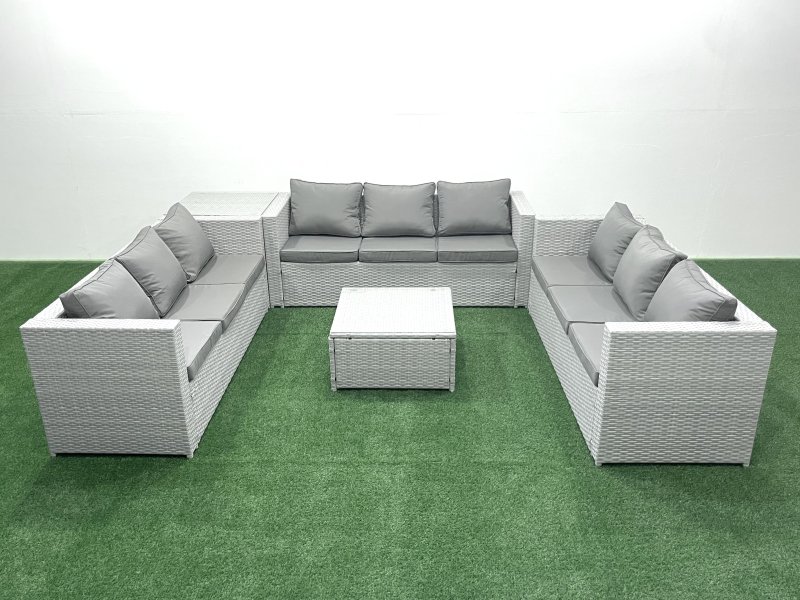 Fimous Rattan Garden Outdoor Furniture Set 9 Seater Rattan Garden Sofa Set with Side Table Light Grey Mixed