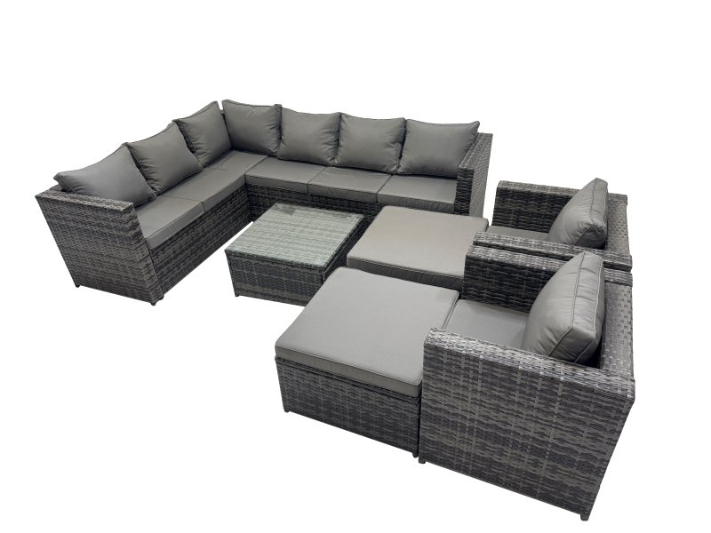 Fimous Rattan Garden Furniture Patio Furniture Sets with Corner Sofa Coffee Table 2 Big Stool Dark Grey Mixed