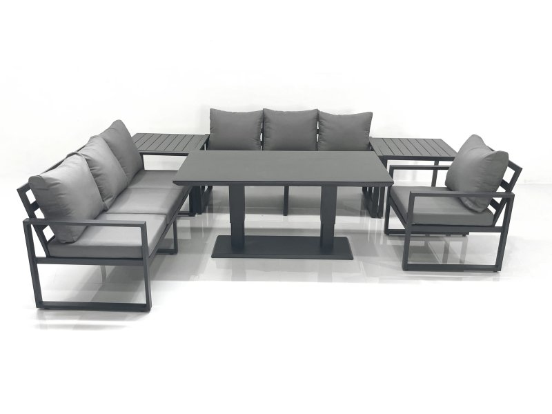 Fimous Outdoor Garden Furniture Set Aluminium Lounge Sofa Adjustable Rising Lifting Dining Table Sets with 2 Side Tables Dark Grey