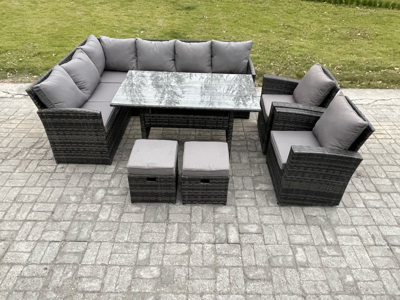 Fimous 10 Seater Outdoor Rattan Garden Furniture Set with Rectangular Dining Table 2 Small Footstool 2 Armchairs Patio Wicker Corner Sofa Set Dark Grey Mixed