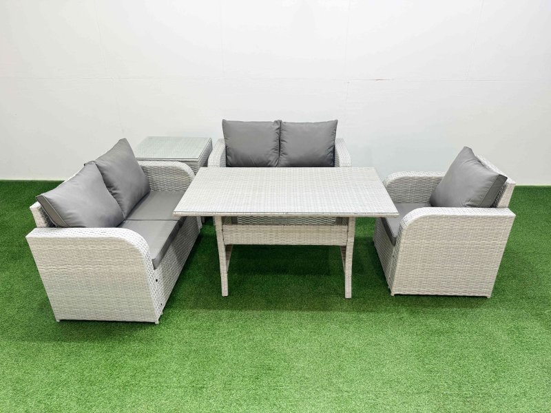 Fimous High Back Poly Rattan Garden Furniture Set with Reclining Chair Loveseat Sofa Rectangular Dining Table Indoor Outdoor Patio Set Side Table Light Grey