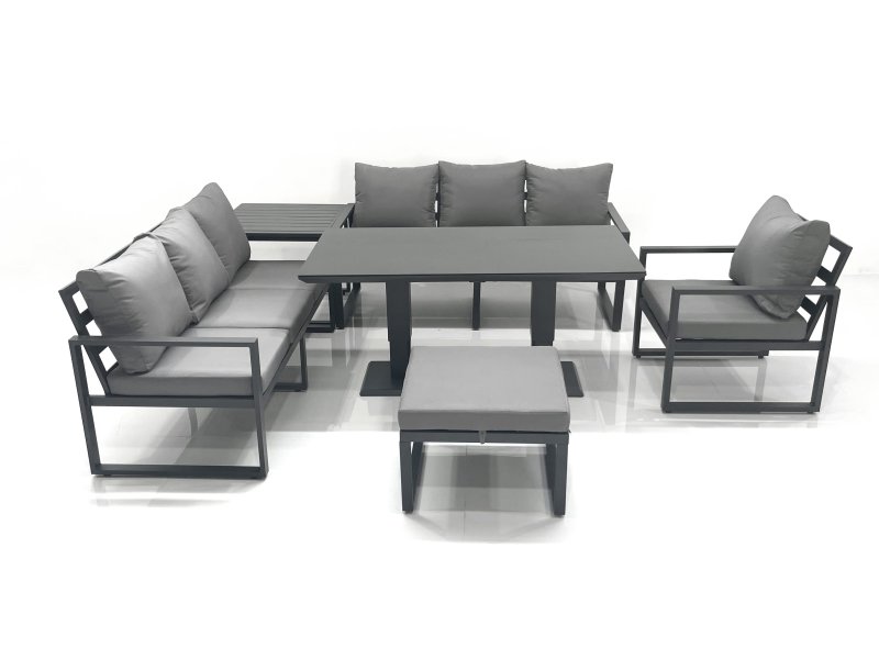 Fimous Outdoor Garden Furniture Set Aluminium Lounge Sofa Adjustable Rising Lifting Dining Table Sets with Big Footstool Side Table Dark Grey