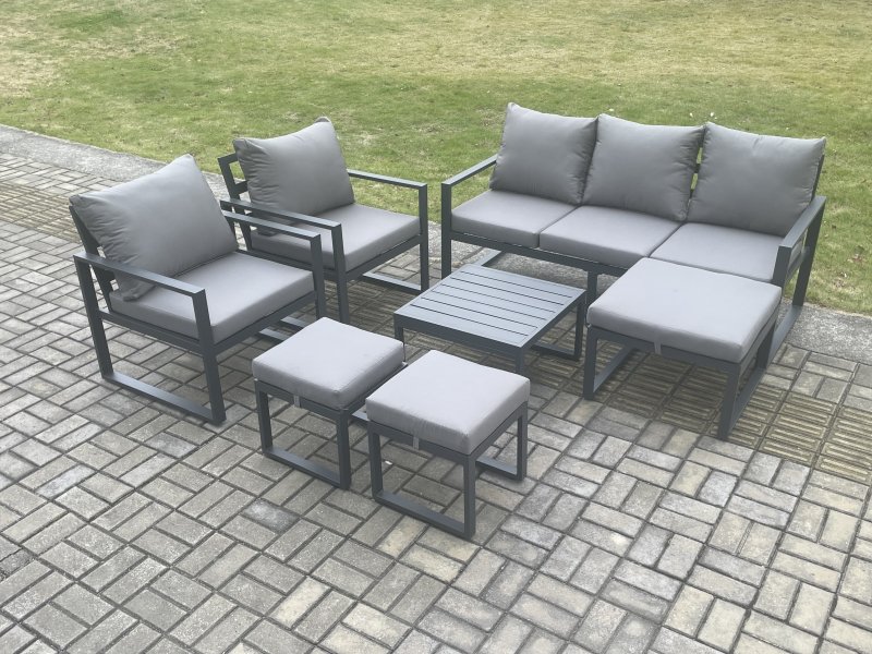 Fimous Aluminium Outdoor Lounge Sofa Set Garden Furniture Sets with Square Coffee Table 2 Chairs 3 Footstools Dark Grey 8 Seater