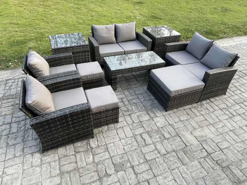 Fimous 9 Seater Dark Grey Mixed High Back Rattan Sofa Set Coffee Table Garden Furniture Outdoor Patio With Love Sofa Arm Chairs 3 Footstools 2 Side Tables