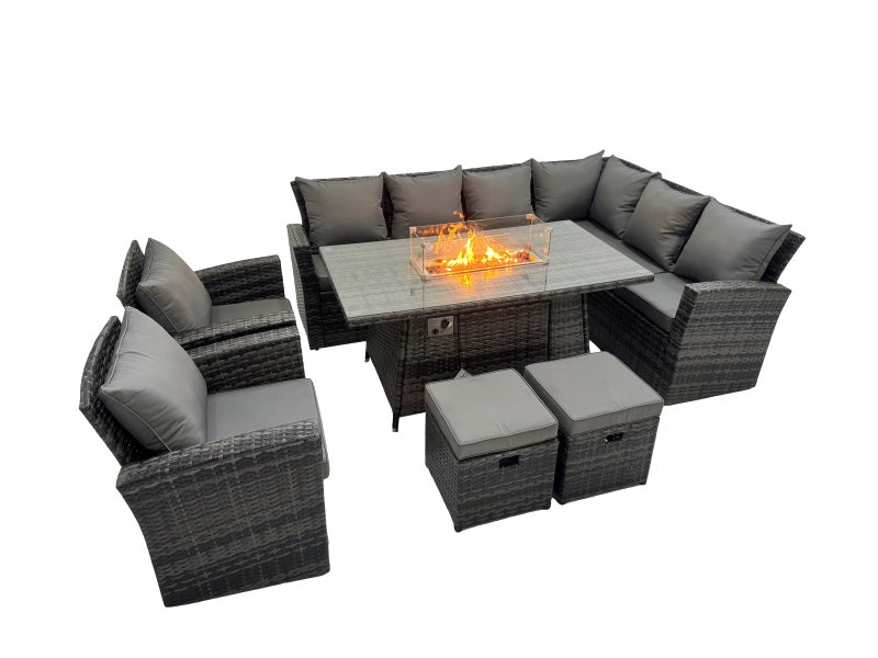 Fimous Outdoor Furniture Garden Dining Set Rattan Corner Sofa Chair Set Gas Fire Pit Table with Temper Glass 2 Small Footstools Dark Grey Mixed