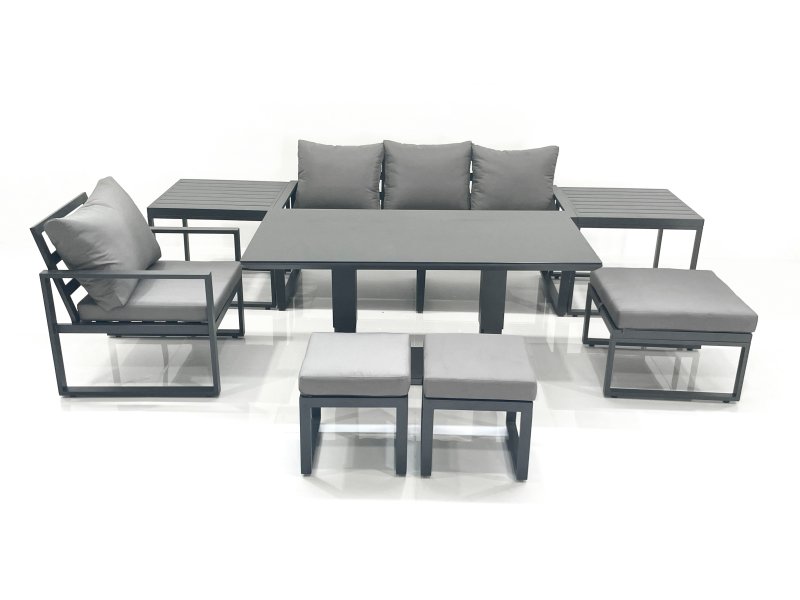 Fimous 7 Seater Garden Sofa Set Aluminium Furniture Rising Dining Tabe Set with Chair 3 Footstool 2 Side Tables Dark Grey