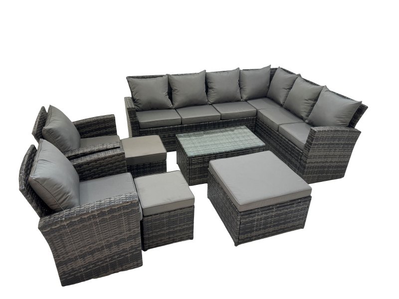 Fimous Rattan Garden Outdoor Furniture Set 11 Seater Garden Sofa Coffee Table Set with Chair 3 Footstools Dark Grey Mixed