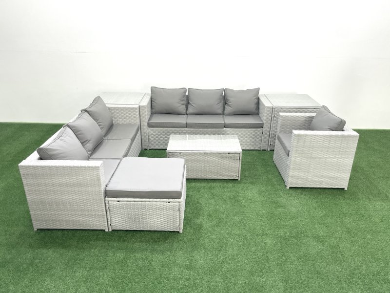 Fimous Wicker PE Rattan Sofa Garden Furniture Set with Armchair Oblong Coffee Table Big Footstool 2 Side Tables Light Grey Mixed