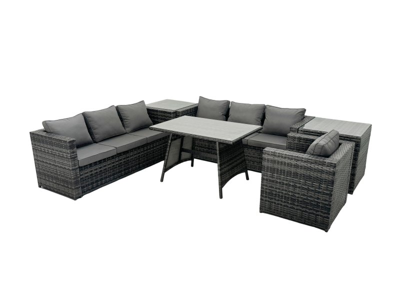Fimous Rattan Dining Table Sofa Set with 2 Side Tables Outdoor 7 Seat Garden Furniture Set Dark Grey Mixed