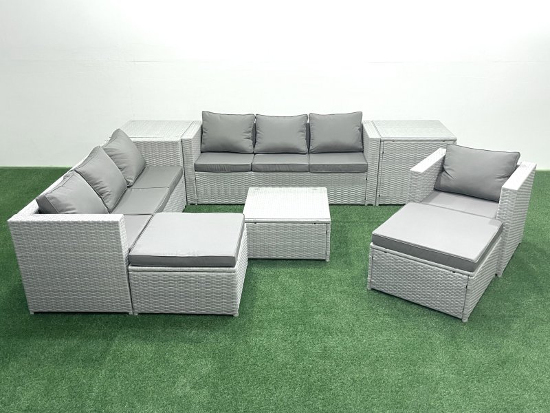 Fimous Wicker PE Rattan Sofa Garden Furniture Set with Armchair Square Coffee Table 2 Big Footstools 2 Side Tables Light Grey Mixed
