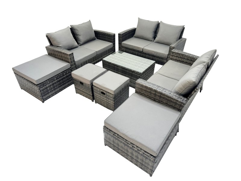 Fimous PE Rattan Garden Furniture Set Lounge Double Seat Sofa Coffee Table Set with 4 Stools Dark Grey MixedMixed