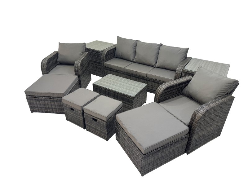 Fimous Outdoor Reclining Chair 3 Seater Sofa Coffee Table Set Garden Rattan Furniture Set 9 Seater with 4 Stools 2 Side Tables Dark Grey