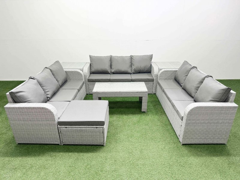 Fimous PE Rattan Lounge Sofa Set 10 Seater Outdoor Garden Furniture Set with Oblong Coffee Table 3 Seater Sofa Big Footstool 2 Side Table Light Grey