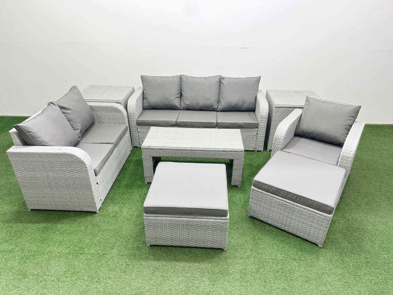 Fimous Patio PE Wicker 8 Seater Outdoor Rattan Furniture Sofa Sets with Oblong Coffee Table Reclining Chair Loveseat Sofa 3 Seater Sofa 2 Big Footstools 2 Side Table Light Grey