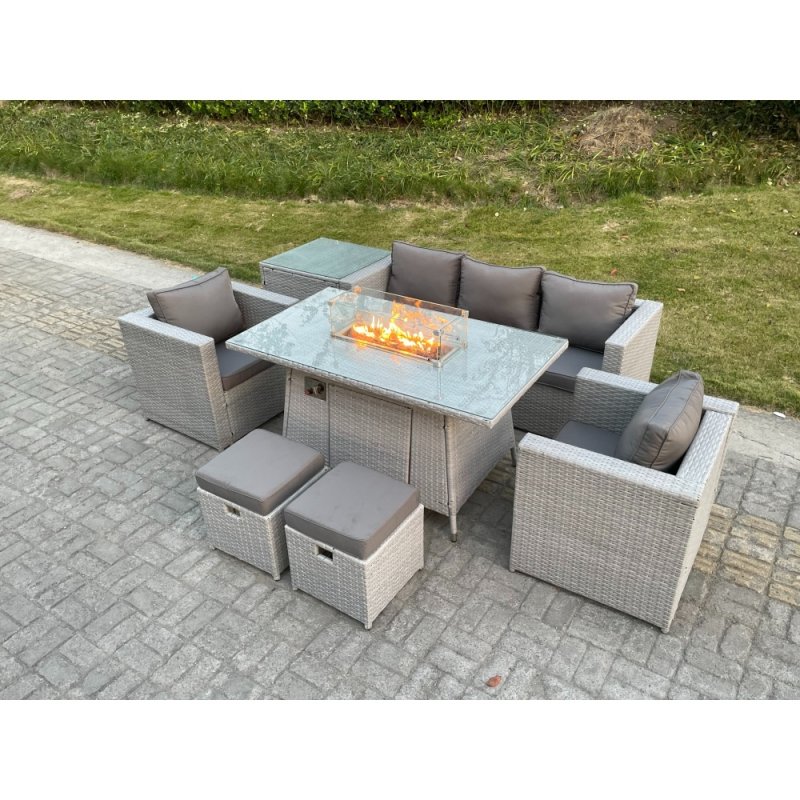 Fimous Rattan Garden Furniture Set Gas Fire Pit Lounge Sofa Chair Dining Set With Side Table And 2 PC Arm Chair Stools