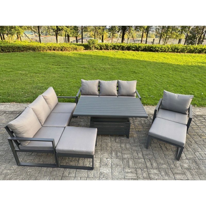 Fimous Aluminium Garden Furniture Sets,9 Seater Outdoor Sofa Dining Set with Adjustable Rising Lifting Dining Table 2 Side Tables 2 Small Footstools for Yard,Poolside, Patio, Dark Grey
