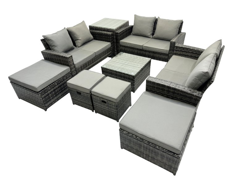 Fimous PE Rattan Garden Furniture Set Lounge Double Seat Sofa Coffee Table Set with Side Table 4 Stools Dark Grey Mixed
