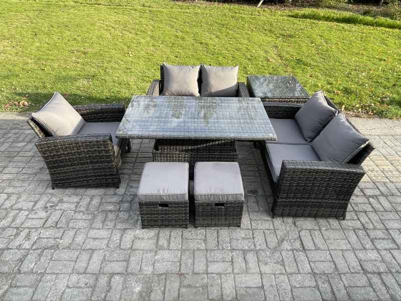 Fimous 7pcs Rattan Outdoor Garden Furniture Set Height Adjustable Rising Lifting Table Sofa Dining Set with Side Table 2 Small Footstools Dark Grey Mixed