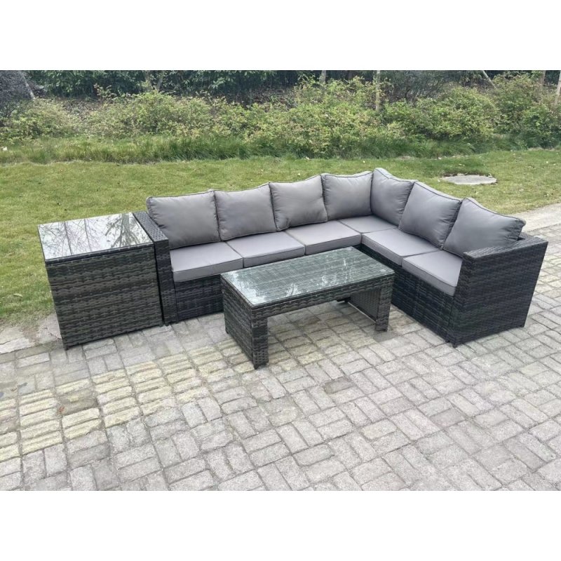 Fimous 6 Seater Rattan Corner Sofa Lounge Sofa Set With Rectangular Coffee Table Side Table Dark Grey Mixed Right Hand
