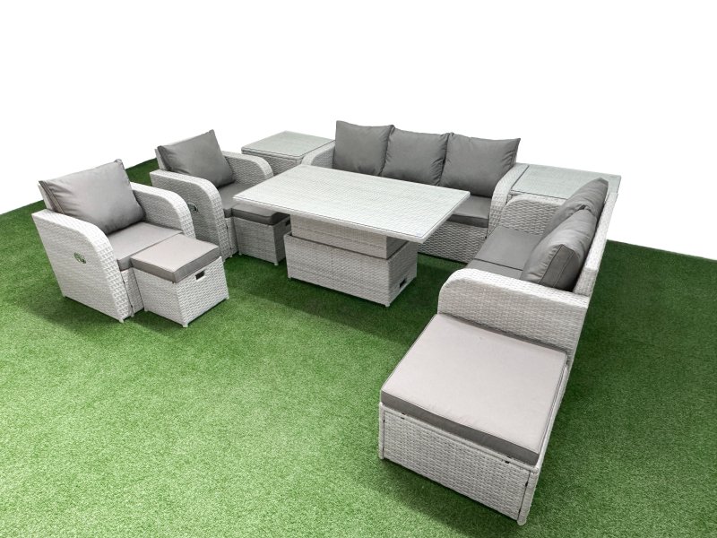 Fimous PE Rattan Garden Furniture Set Reclining Chair Sofa Double Love Seat 2 Seater Sofa Lounge Set Adjustable Lifting Dining or Coffee Table 3 Stools 2 Side Table Light Grey