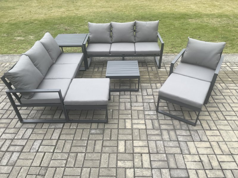 Fimous Aluminium Outdoor Lounge Sofa Set Garden Furniture Sets with Square Coffee Table Chair 2 Big Footstools Side Table Dark Grey