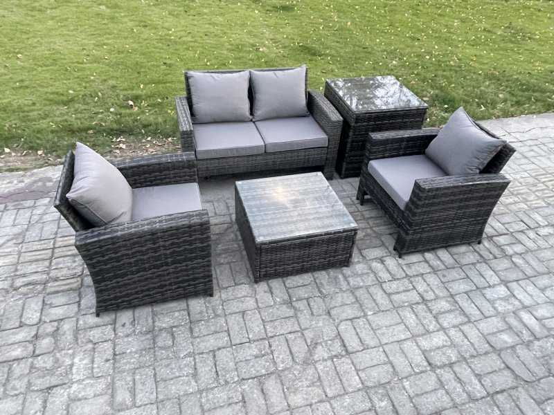Fimous Outdoor Lounge Sofa Set Wicker PE Rattan Garden Furniture Set with Armchair Square Coffee Table Double Seat Sofa Side Table Dark Grey Mixed