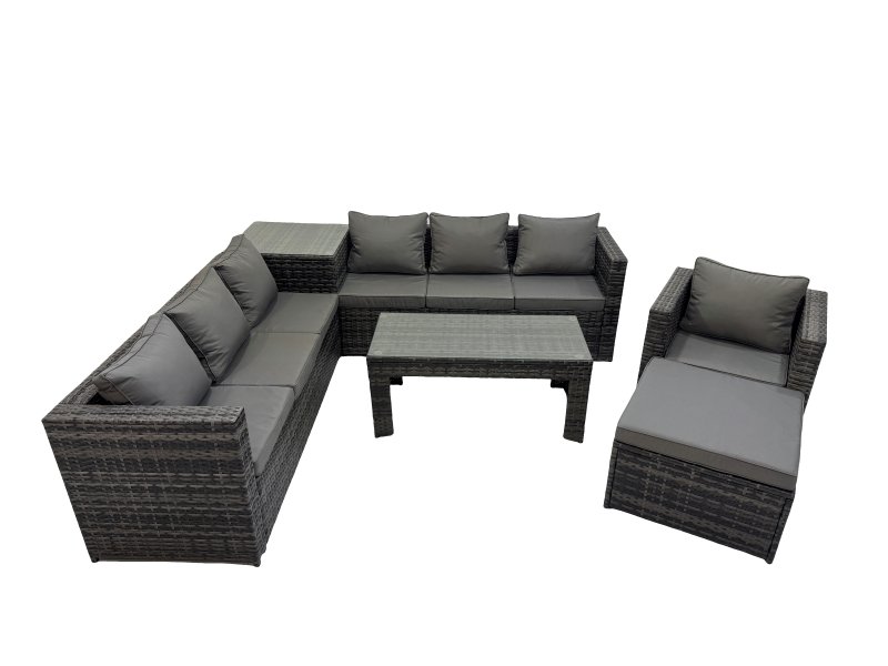 Fimous Garden Rattan Outdoor Furniture Set 8 Seater Patio Corner Sofa Oblong Coffee Table with Chair Big Stool Side Table Dark Grey