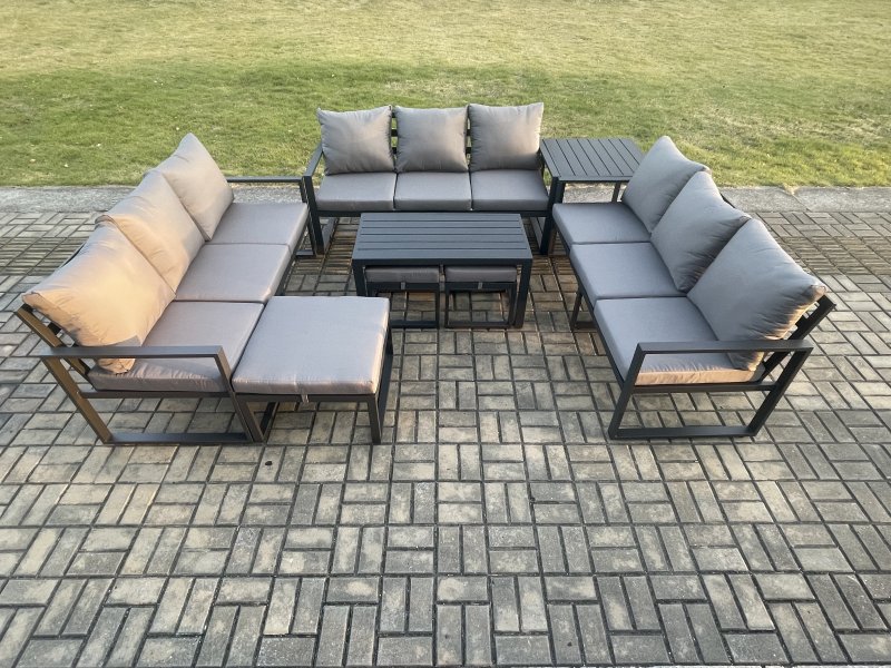 Fimous Aluminium Outdoor Garden Furniture Set Lounge Sofa Oblong Coffee Table 3 Footstools Side Table Sets with Cushions Dark Grey 12 Seater