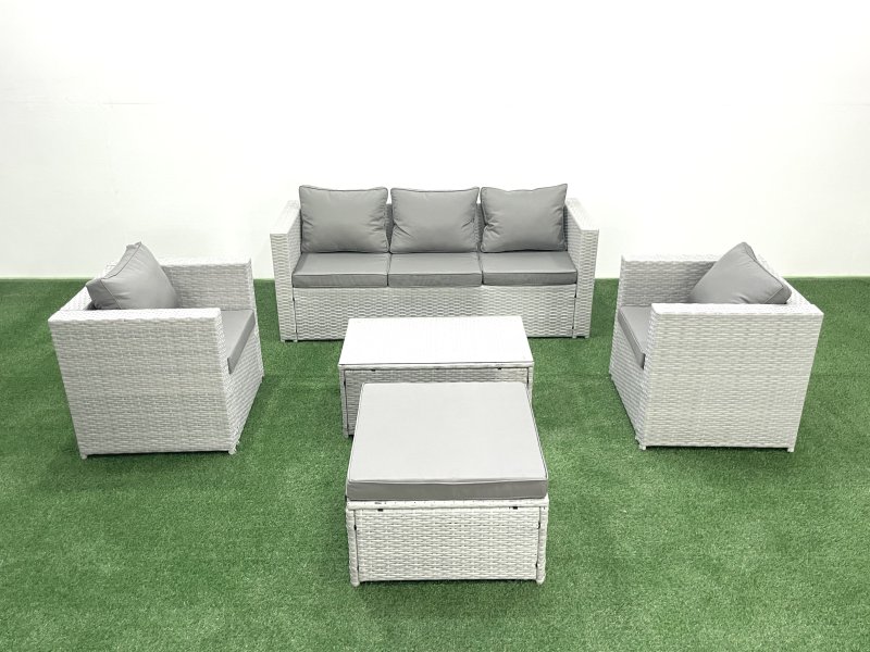 Fimous Rattan Garden Furniture Set with 3 Seater Sofa 2 Chair Rectangular Coffee Table Big Footstool Light Grey Mixed 6 Seater