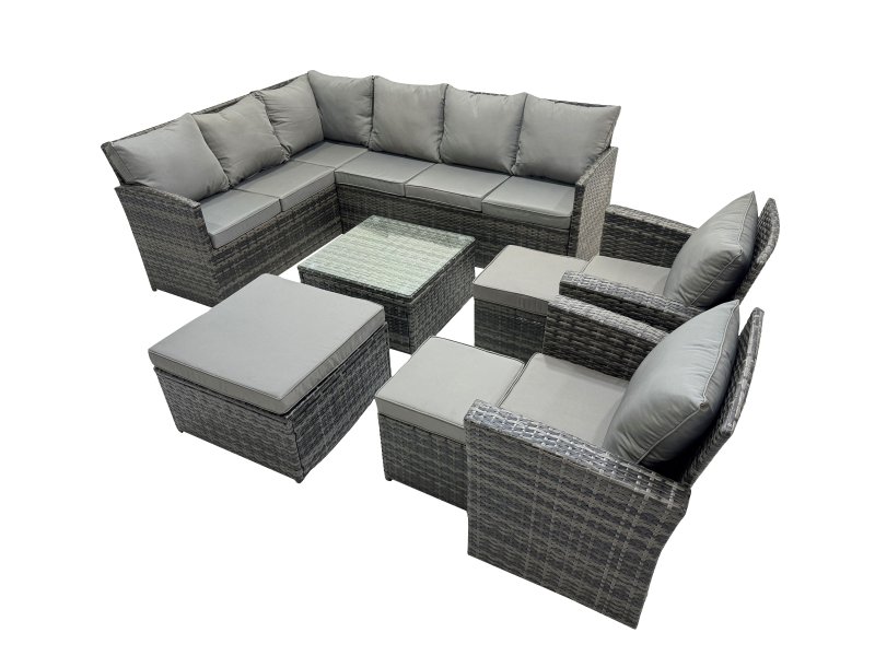 Fimous 11 Seat Poly Rattan Outdoor Patio Coffee Table Corner Sofa Set with 3 Stools 2 Chairs for Garden Backyard Dark Grey Mixed