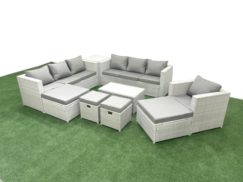 Fimous Rattan Garden Furniture Set 9 Pieces Outdoor Garden Sofa Chair Coffee Table Set with Side Table 4 Footstools Light Grey Mixed
