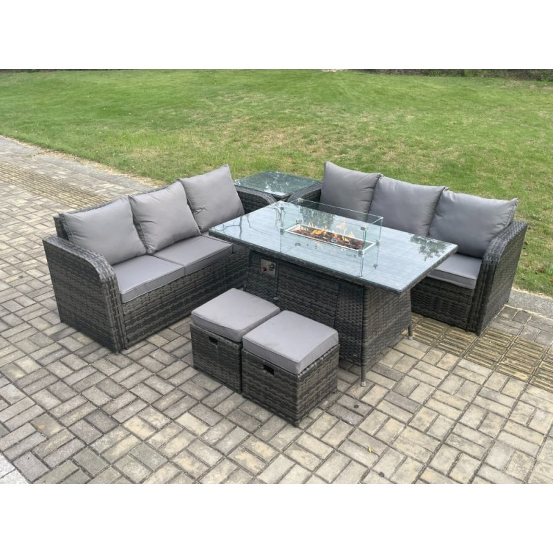 Fimous Rattan Garden Furniture Set with Fire Pit Table 8 Seater Outdoor Patio Lounge Sofa Set Dark Grey Mixed