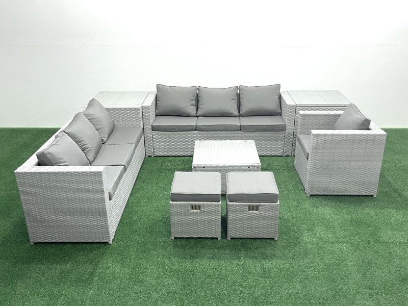 Fimous Wicker PE Rattan Sofa Garden Furniture Set with Armchair Square Coffee Table 2 Small Footstools 2 Side Tables Light Grey Mixed