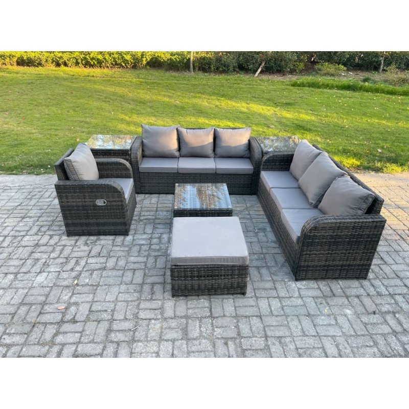 Fimous Outdoor Rattan Garden Furniture Set Conservatory Patio Sofa Coffee Table With Reclining Chair 2 Side Tables Big Footstool Dark Grey Mixed