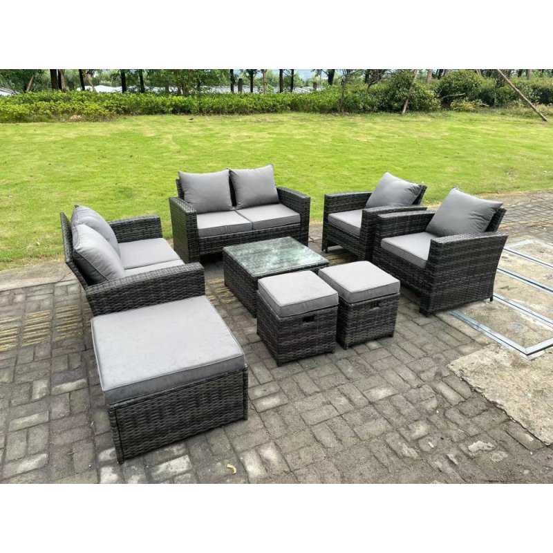 Fimous 9 Seater Dark Grey Mixed High Back Rattan Sofa Set Coffee Table Garden Furniture Outdoor 3 Stools