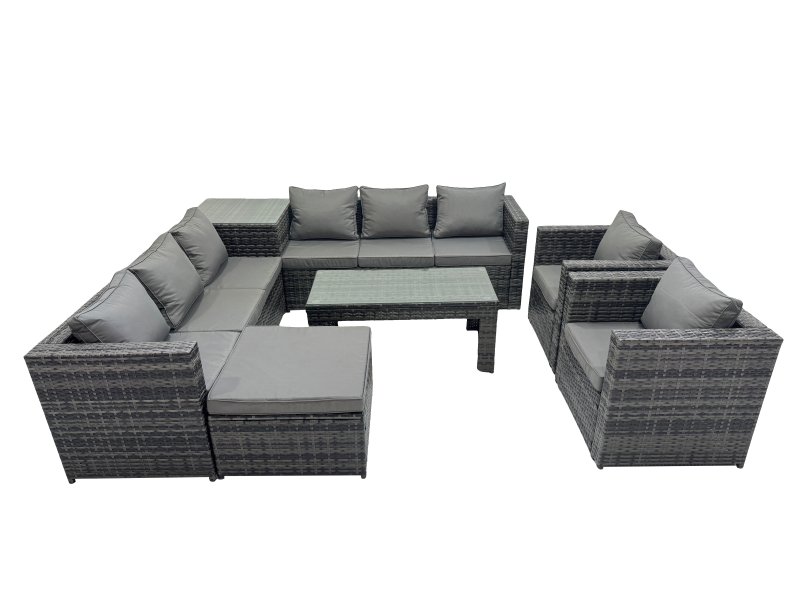 Fimous Garden Rattan Outdoor Furniture Set 9 Seater Patio Corner Sofa Oblong Coffee Table with Chair Big Stool Side Table Dark Grey
