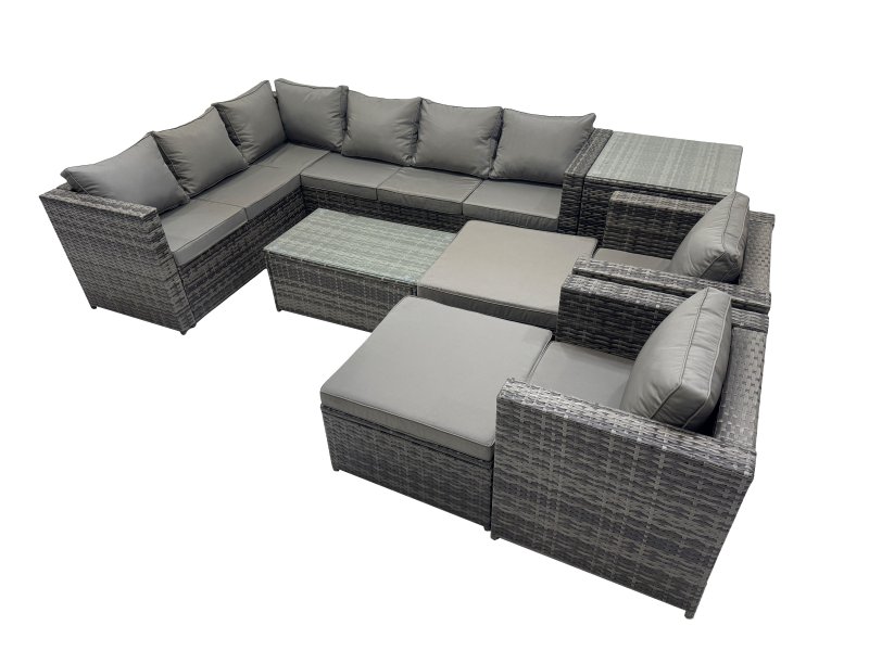 Fimous Outdoor Rattan Rectangular Coffee Table Corner Sofa Sets Garden Furniture Set with 2 Chairs 2 Big Stools Side Table Dark Grey Mixed